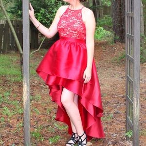 Red Halter Top High/Low Prom Dress